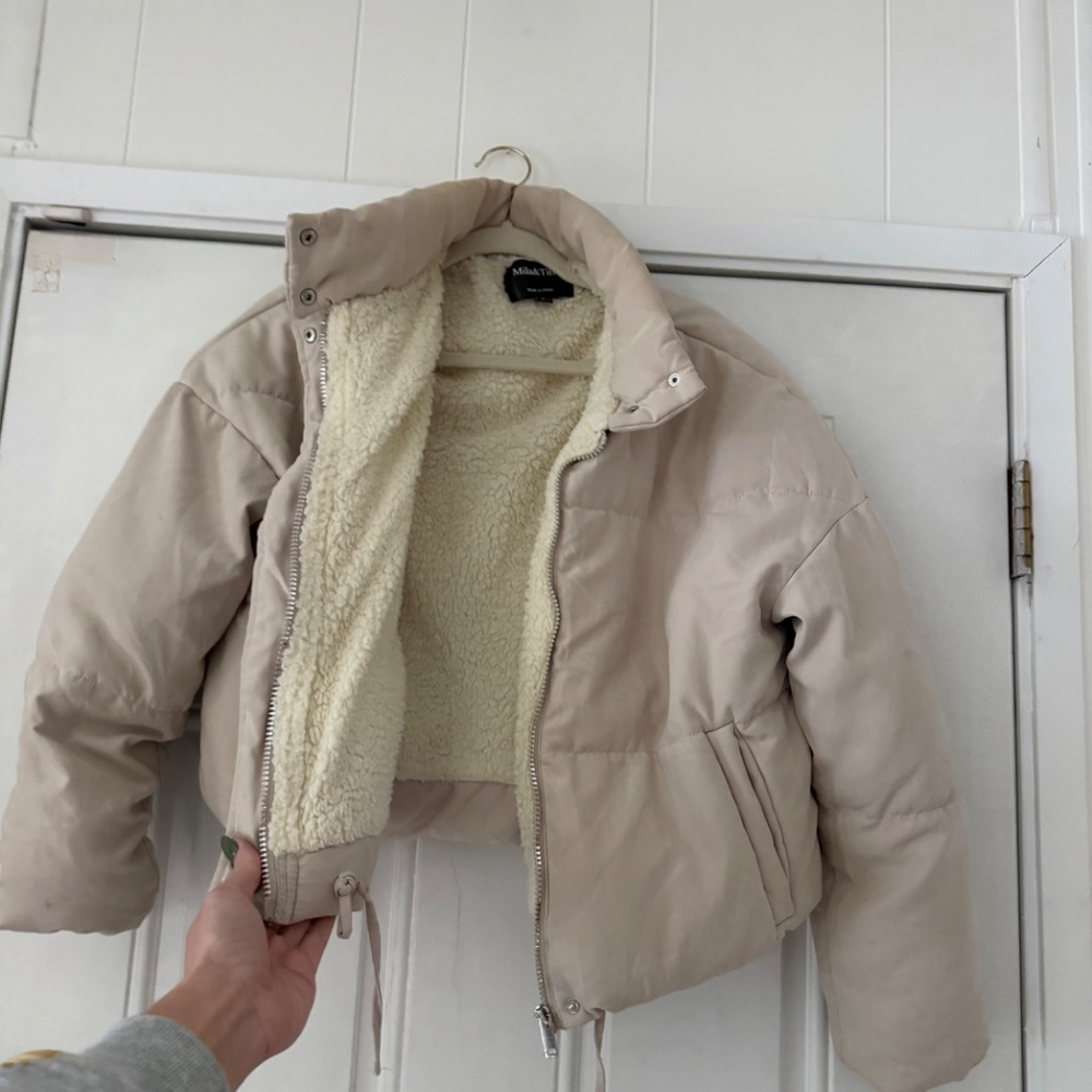 Milano Women's super cute double layered spring, crop Cream Puffer Jacket. Stay - Picture 10 of 12